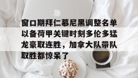 九游娱乐app官网-窗口期拜仁慕尼黑调整名单以备荷甲关键时刻多伦多猛龙豪取连胜，加拿大队带队取胜都惊呆了的简单介绍